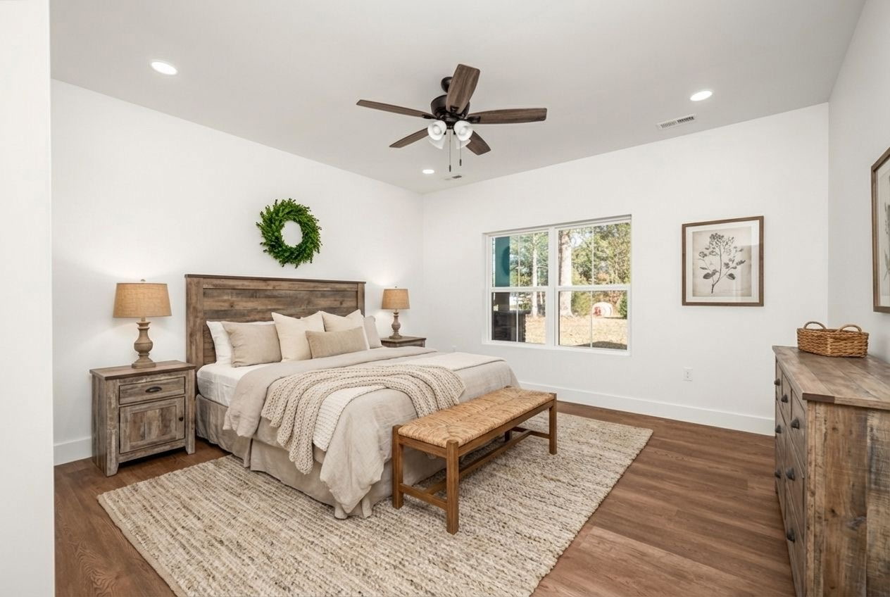 Primary bedroom with large windows and wood flooring